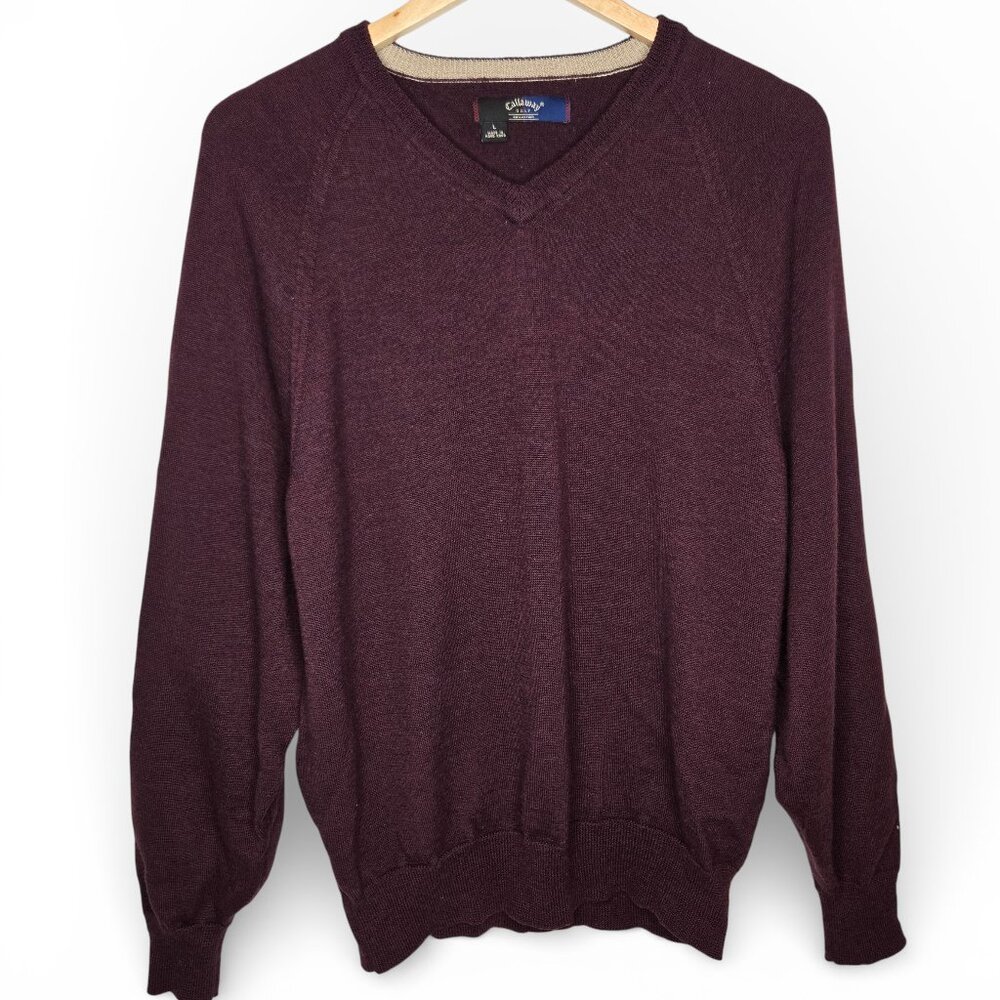 Callaway‎ Golf Merino Wool V Neck Sweater Men Maroon Preppy Pullover L